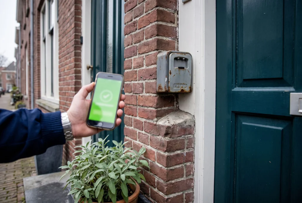 Oude sleutelkluis naast een voordeur, op de voorgrond een telefoon die de deur opent