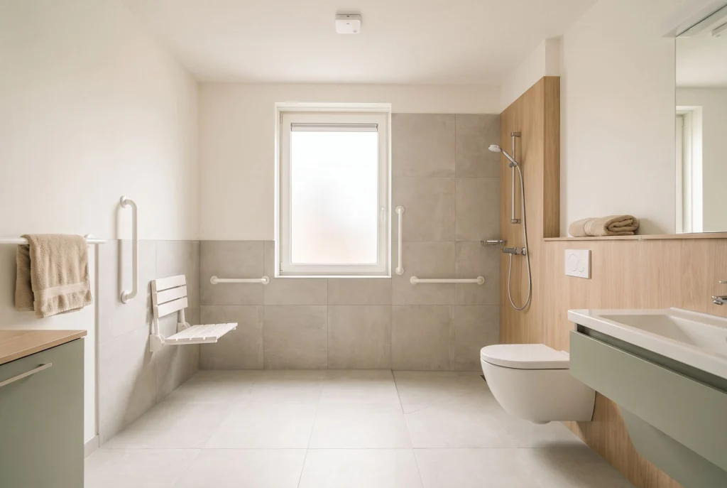 Aangepaste badkamer met douchestoel, beugels en een kleine witte sensor aan het plafond