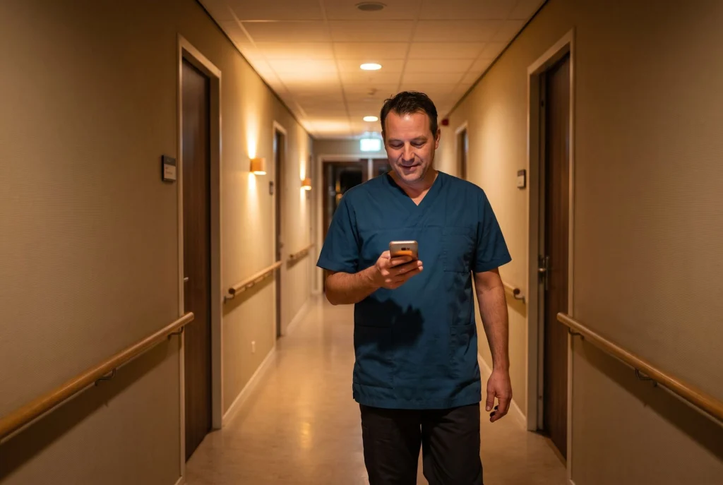 Zorgmedewerker in de nachtdienst kijkt in de gang naar een melding op zijn telefoon