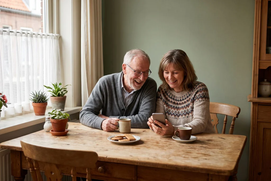 Oudere man en zijn dochter lachen samen aan de keukentafel om iets op haar telefoon