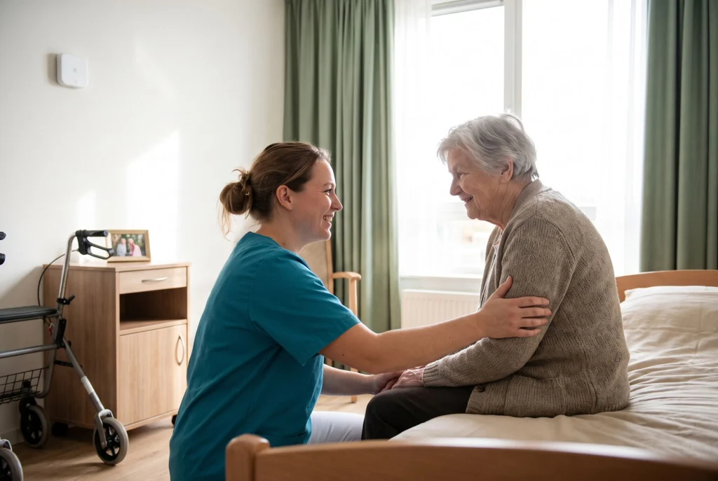 Zorgmedewerker in gesprek met een oudere bewoonster op haar kamer